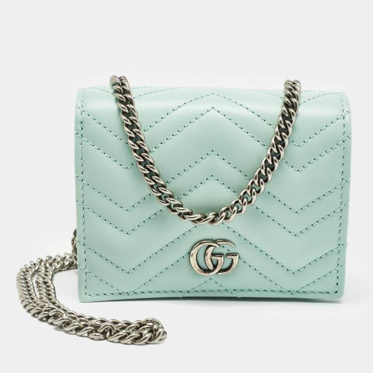 Pre Owned Gucci Light Mint Green Matelassé Leather GG Marmont Compact Wallet on Chain