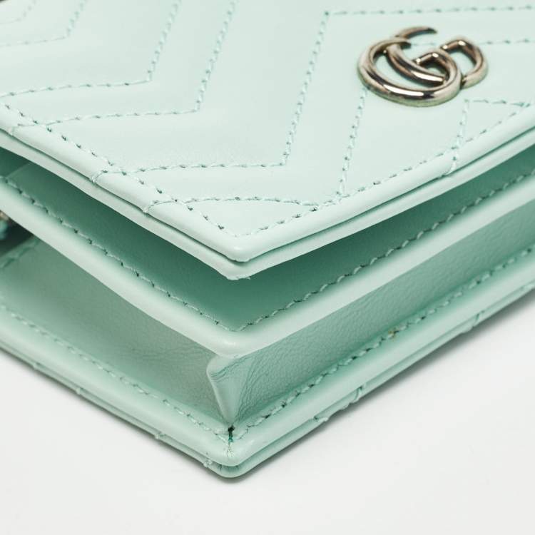 Pre Owned Gucci Light Mint Green Matelassé Leather GG Marmont Compact Wallet on Chain