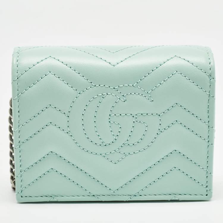Pre Owned Gucci Light Mint Green Matelassé Leather GG Marmont Compact Wallet on Chain