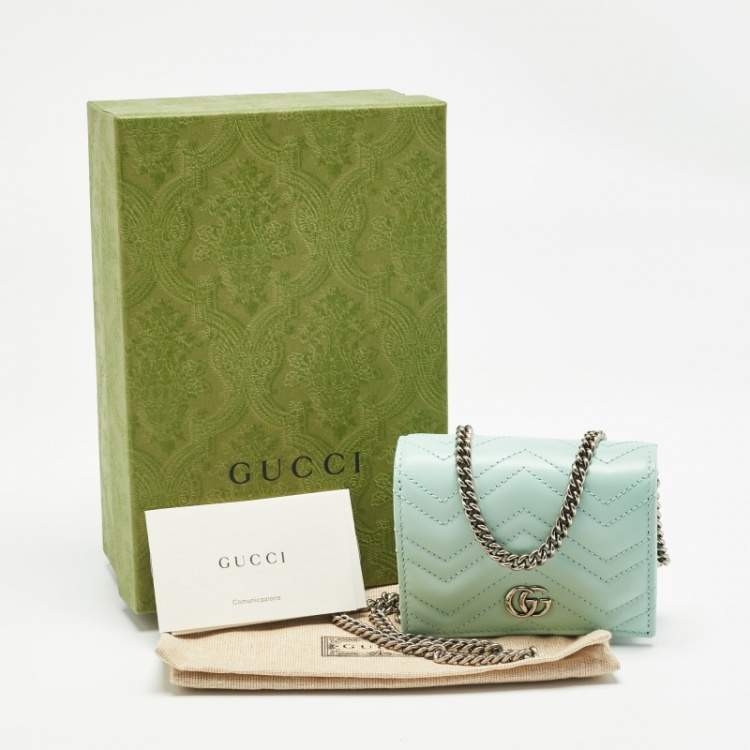 Pre Owned Gucci Light Mint Green Matelassé Leather GG Marmont Compact Wallet on Chain