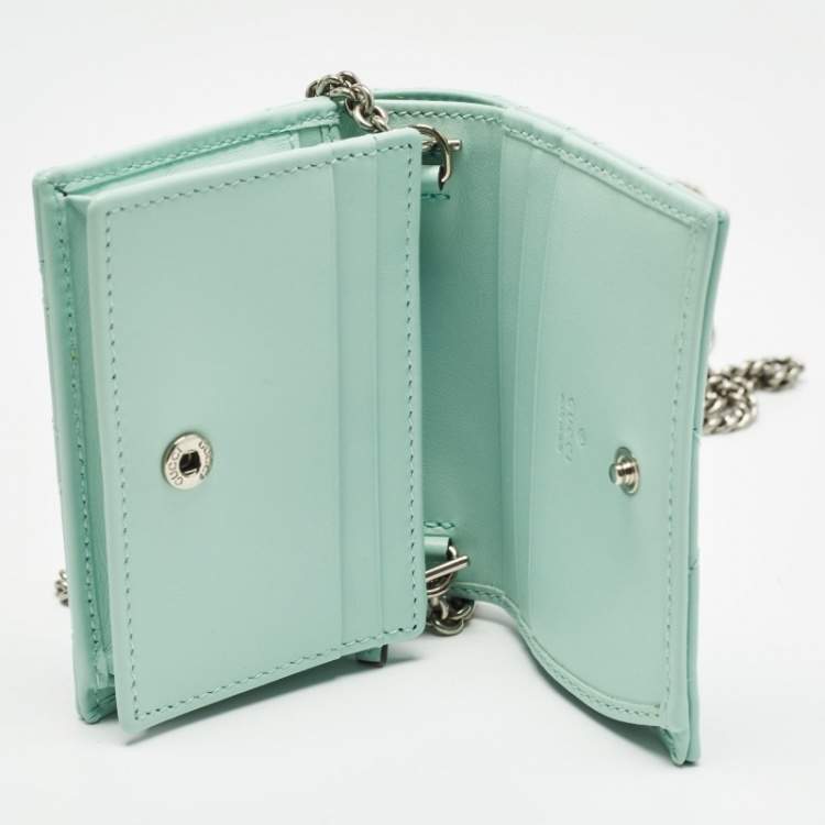 Pre Owned Gucci Light Mint Green Matelassé Leather GG Marmont Compact Wallet on Chain