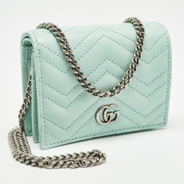 Pre Owned Gucci Light Mint Green Matelassé Leather GG Marmont Compact Wallet on Chain