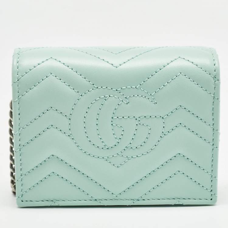 Pre Owned Gucci Light Mint Green Matelassé Leather GG Marmont Compact Wallet on Chain