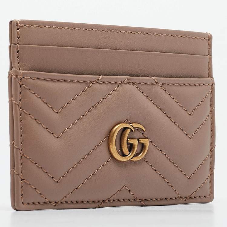 Pre Owned Gucci Dusty Pink Matelassé Leather GG Marmont Card Holder