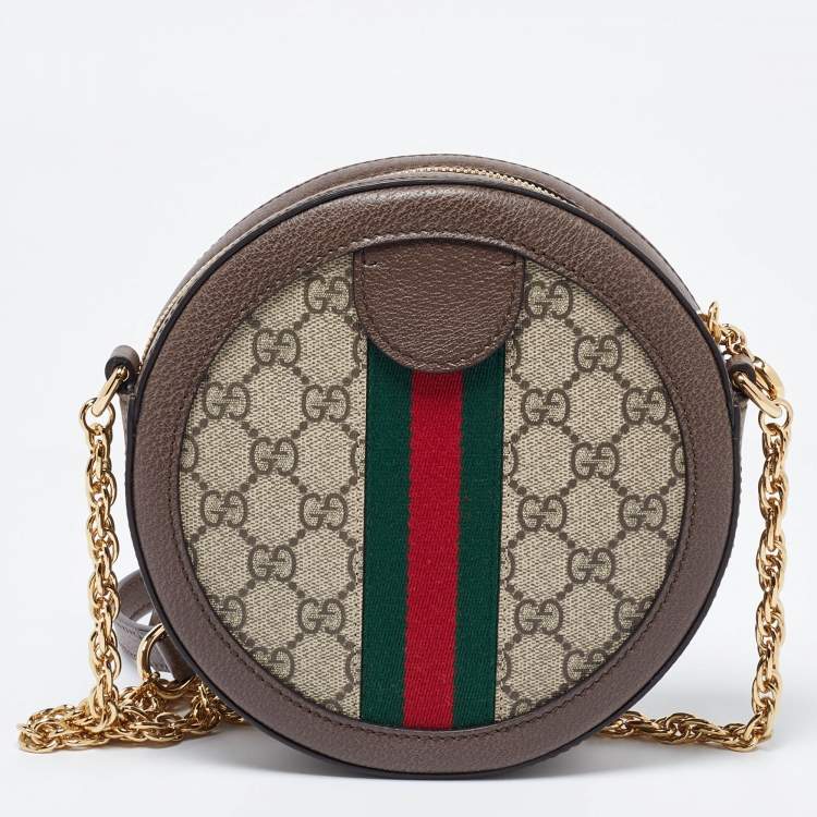 Pre Owned Gucci Brown/Beige GG Supreme Canvas and Leather Mini Ophidia Round Bag