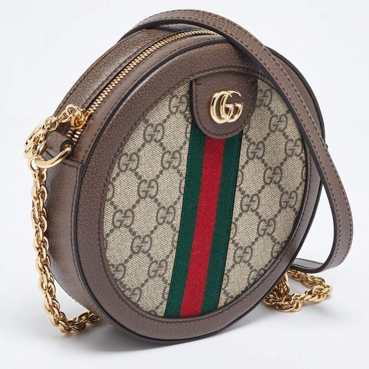 Pre Owned Gucci Brown/Beige GG Supreme Canvas and Leather Mini Ophidia Round Bag