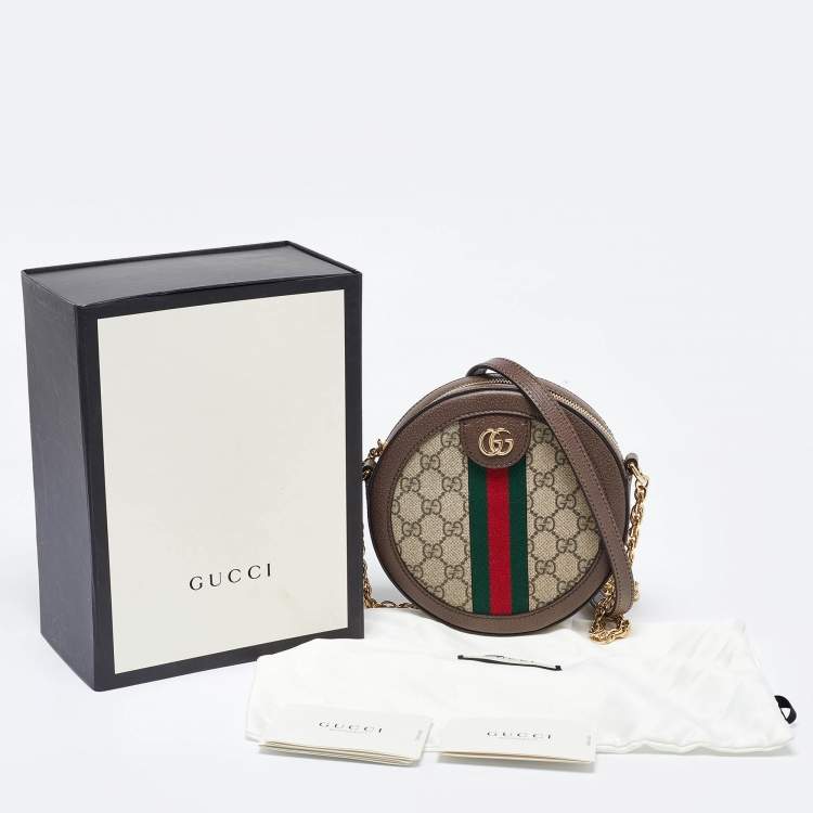 Pre Owned Gucci Brown/Beige GG Supreme Canvas and Leather Mini Ophidia Round Bag