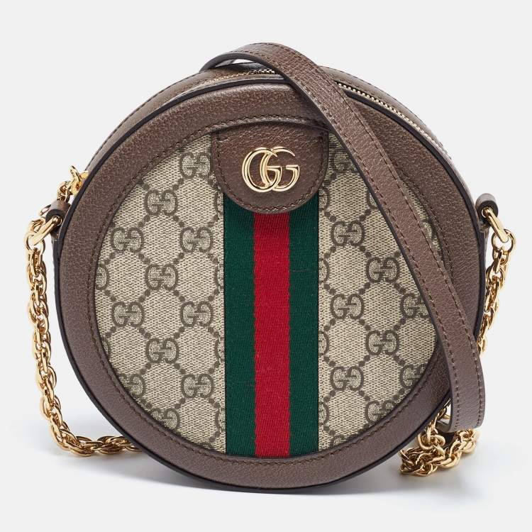Pre Owned Gucci Brown/Beige GG Supreme Canvas and Leather Mini Ophidia Round Bag
