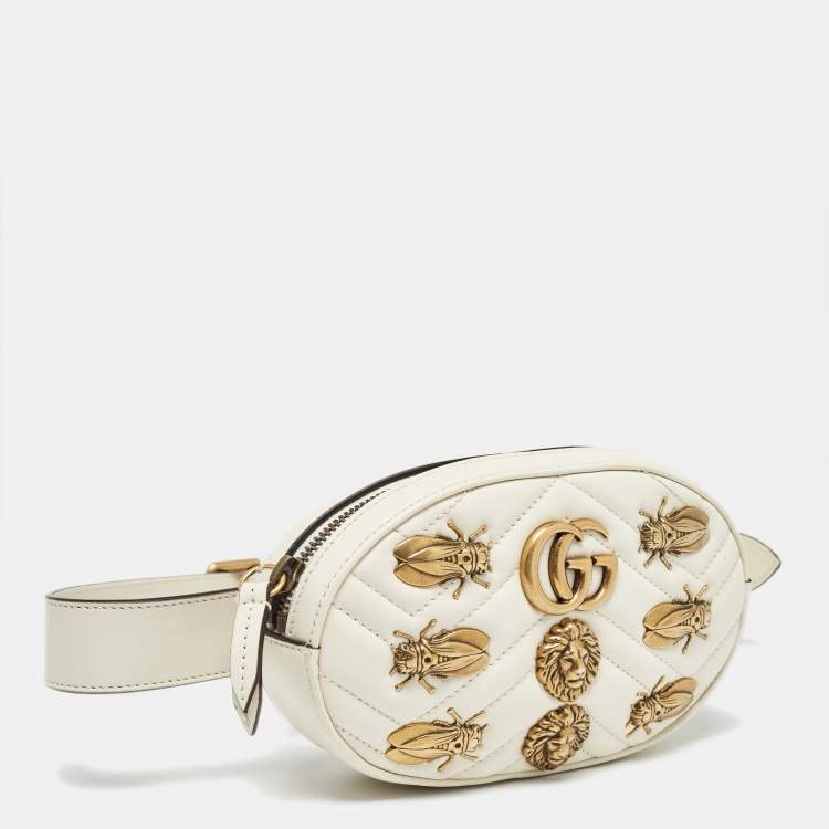 Pre Owned Gucci Off White Matelassé Leather GG Marmont Belt Bag