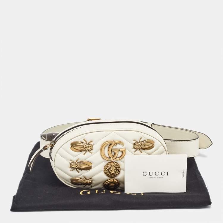 Pre Owned Gucci Off White Matelassé Leather GG Marmont Belt Bag