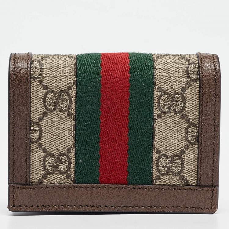 Pre Owned Gucci Brown GG Supreme Canvas and Leather Web Ophidia Card Case