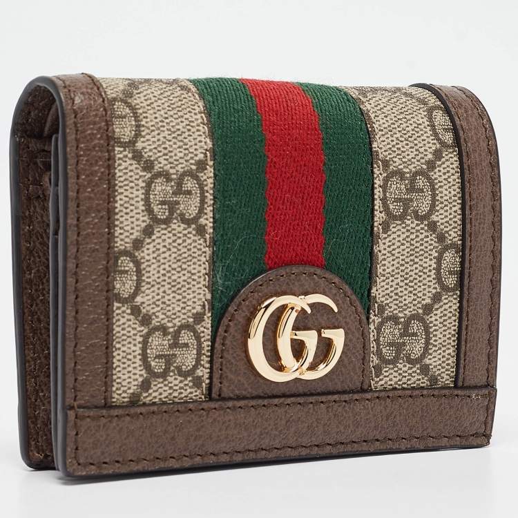Pre Owned Gucci Brown GG Supreme Canvas and Leather Web Ophidia Card Case