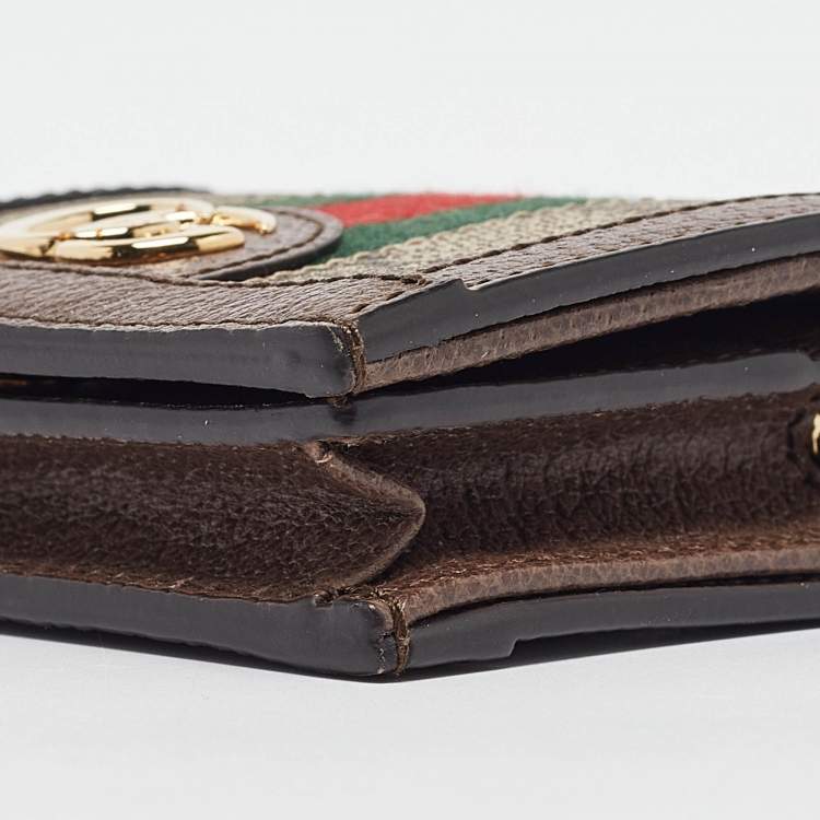 Pre Owned Gucci Brown GG Supreme Canvas and Leather Web Ophidia Card Case