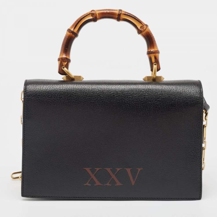 Pre Owned Gucci Black Python and Leather Studded Ottilia Bamboo Top Handle Bag