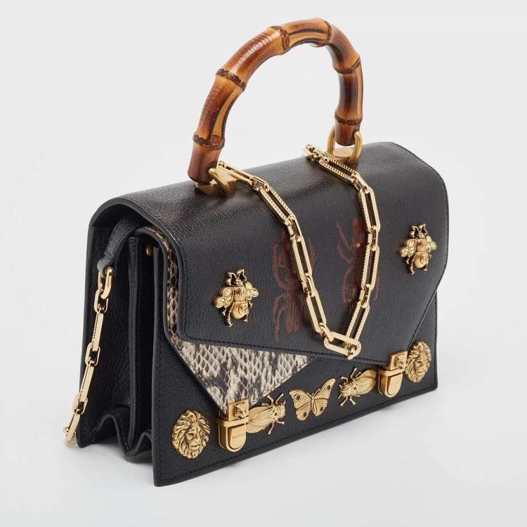 Pre Owned Gucci Black Python and Leather Studded Ottilia Bamboo Top Handle Bag