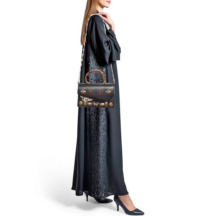 Pre Owned Gucci Black Python and Leather Studded Ottilia Bamboo Top Handle Bag