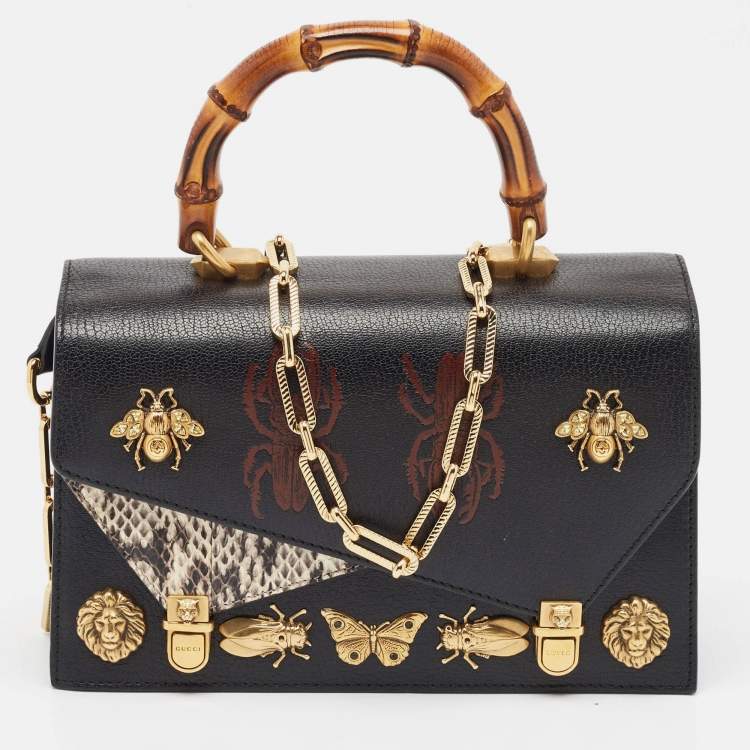 Gucci Black Python and Leather Studded Ottilia Bamboo Top