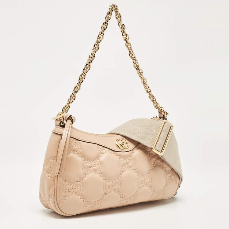 Pre Owned Gucci Rose Beige Matelasse Leather Small GG Shoulder Bag