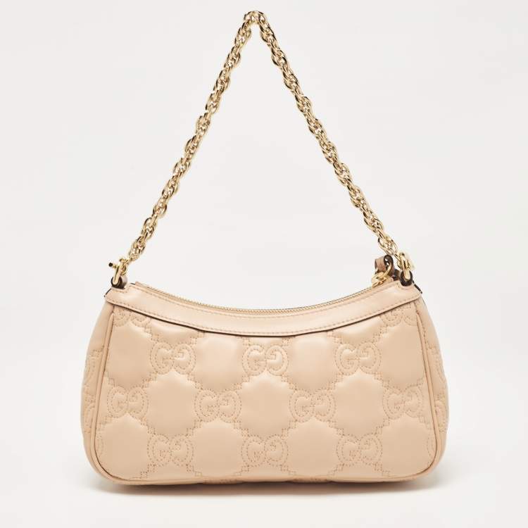 Pre Owned Gucci Rose Beige Matelasse Leather Small GG Shoulder Bag