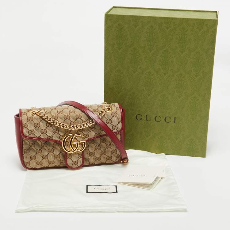 Pre Owned Gucci Beige/Red Diagonal Quilt GG Canvas and Leather Small GG Marmont Shoulder Bag