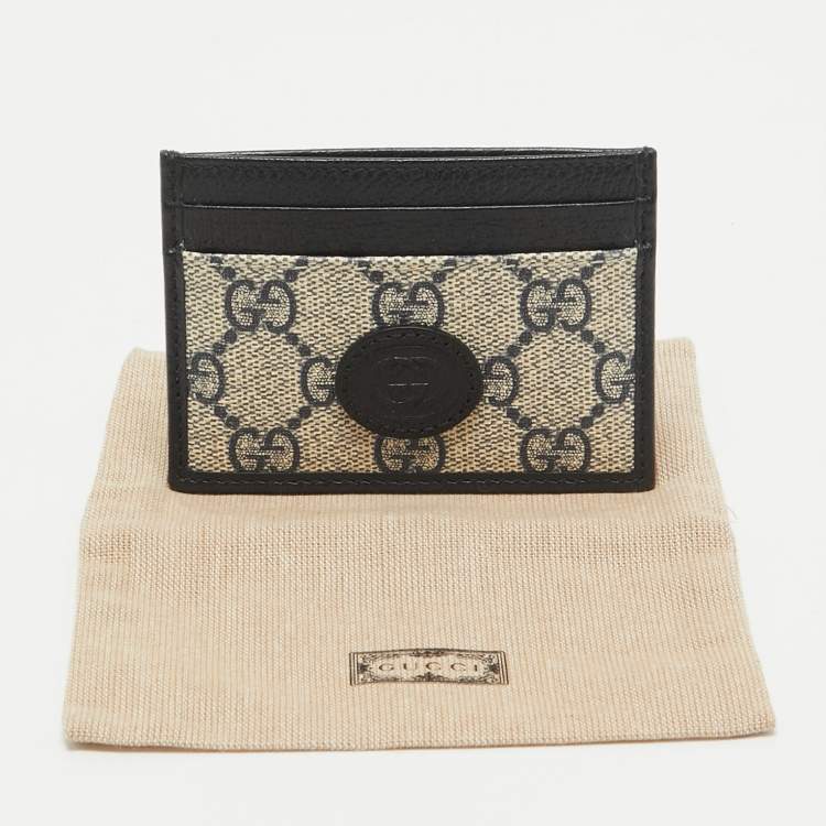 Pre Owned Gucci Beige/Navy Blue GG Supreme Canvas and Leather Interlocking G Card Holder