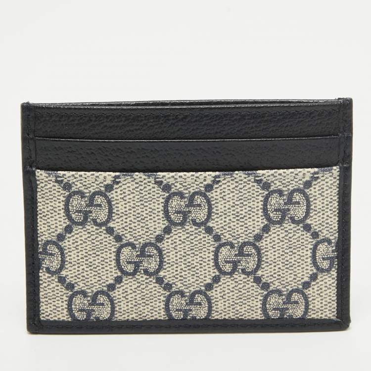 Pre Owned Gucci Beige/Navy Blue GG Supreme Canvas and Leather Interlocking G Card Holder