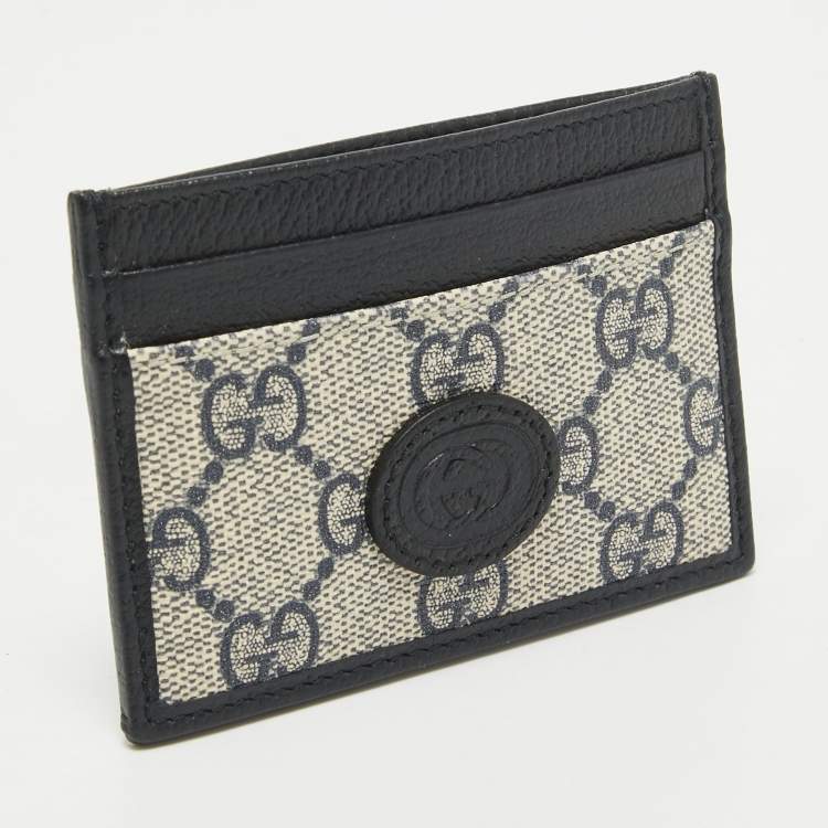 Pre Owned Gucci Beige/Navy Blue GG Supreme Canvas and Leather Interlocking G Card Holder