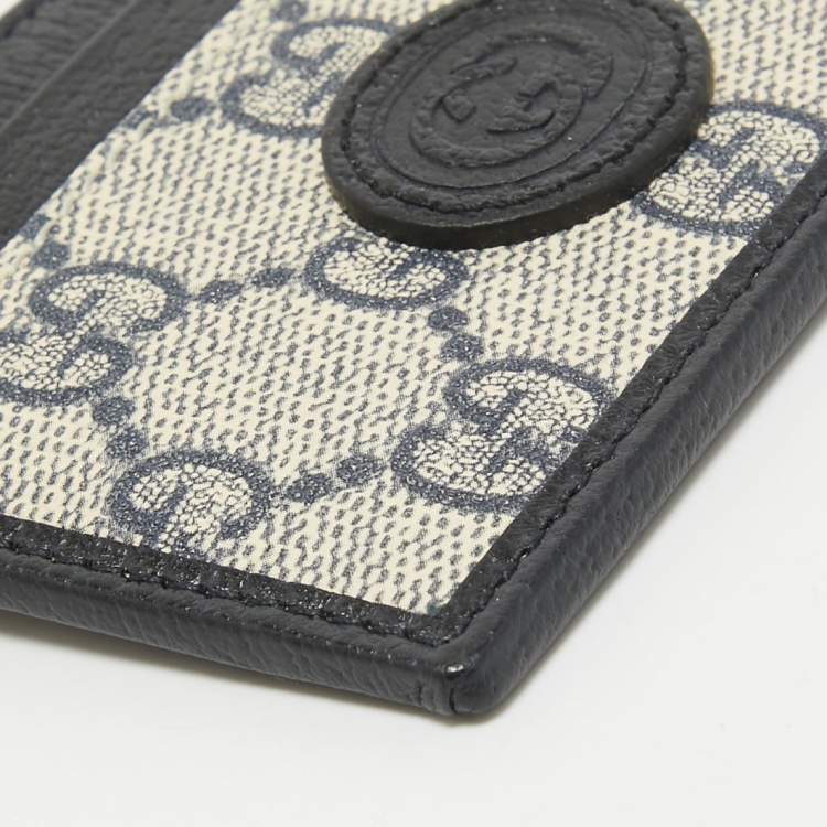 Pre Owned Gucci Beige/Navy Blue GG Supreme Canvas and Leather Interlocking G Card Holder