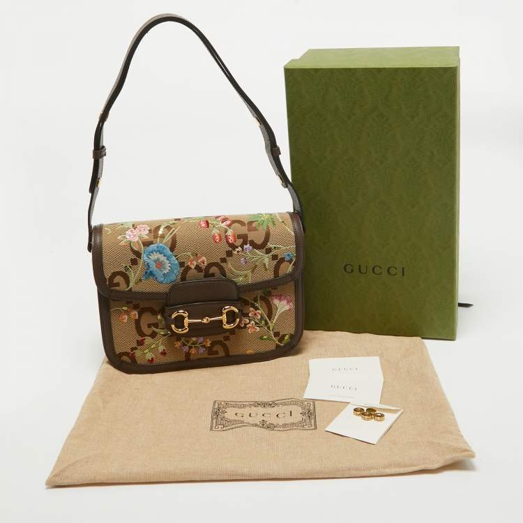 Pre Owned Gucci Beige/Ebony Jumbo GG Canvas and Leather Floral Embroidered Small 1955 Horsebit Shoulder Bag