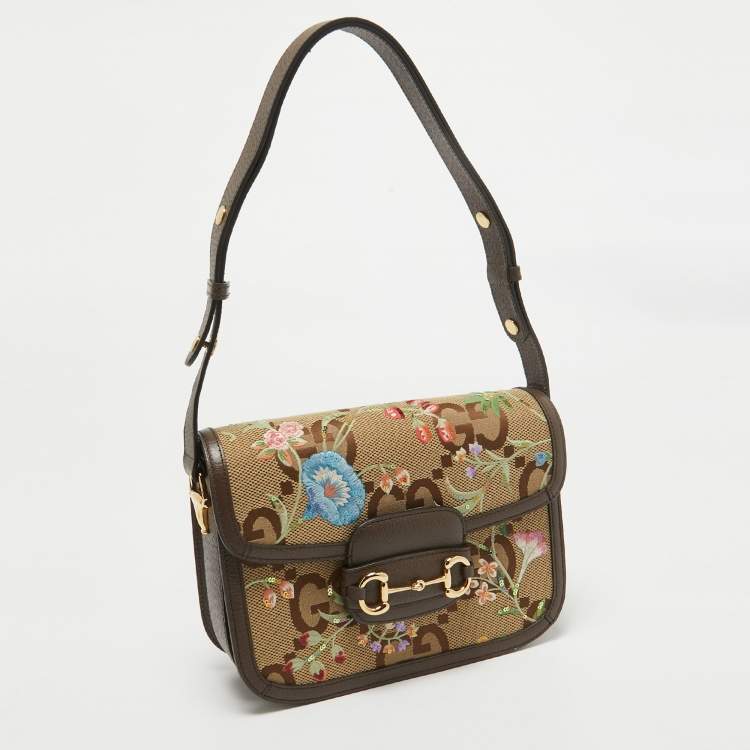 Pre Owned Gucci Beige/Ebony Jumbo GG Canvas and Leather Floral Embroidered Small 1955 Horsebit Shoulder Bag