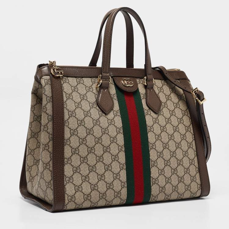 Pre Owned Gucci Beige/Brown GG Supreme Canvas and Leather Medium Ophidia Tote