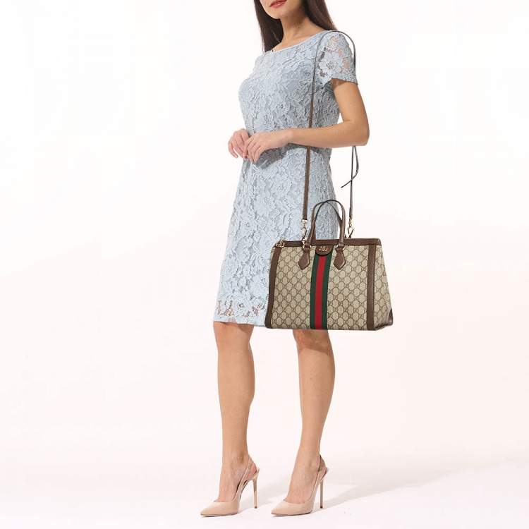 Pre Owned Gucci Beige/Brown GG Supreme Canvas and Leather Medium Ophidia Tote