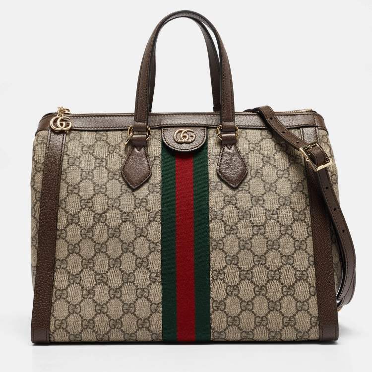 Pre Owned Gucci Beige/Brown GG Supreme Canvas and Leather Medium Ophidia Tote