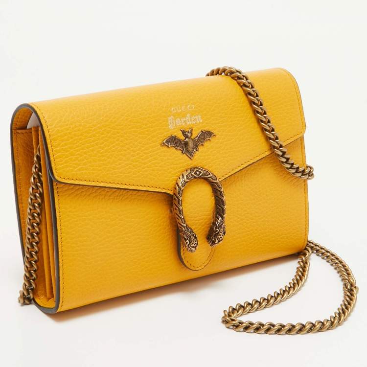 Pre Owned Gucci Mustard Leather Garden Bat Dionysus Wallet On Chain