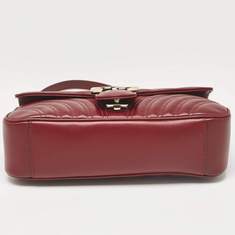 Pre Owned Gucci Burgundy Matelassé Leather Small GG Marmont Shoulder Bag