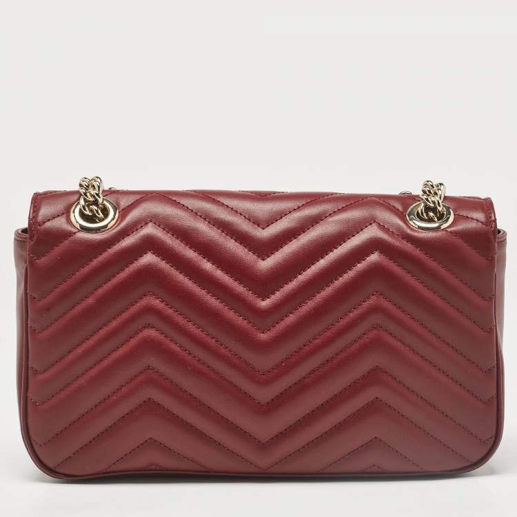 Pre Owned Gucci Burgundy Matelassé Leather Small GG Marmont Shoulder Bag