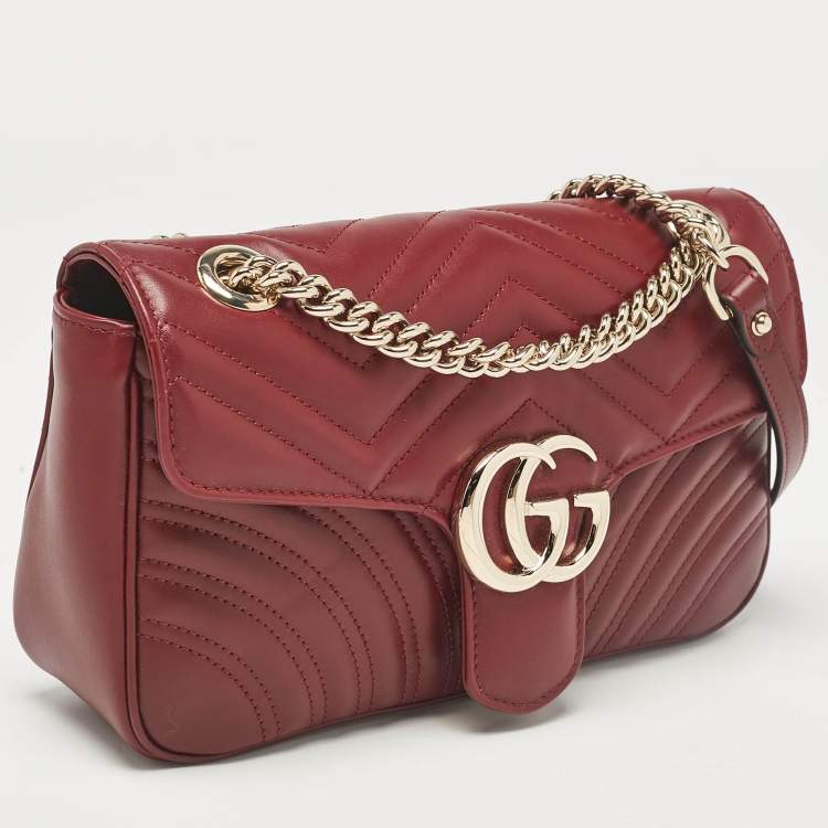 Pre Owned Gucci Burgundy Matelassé Leather Small GG Marmont Shoulder Bag