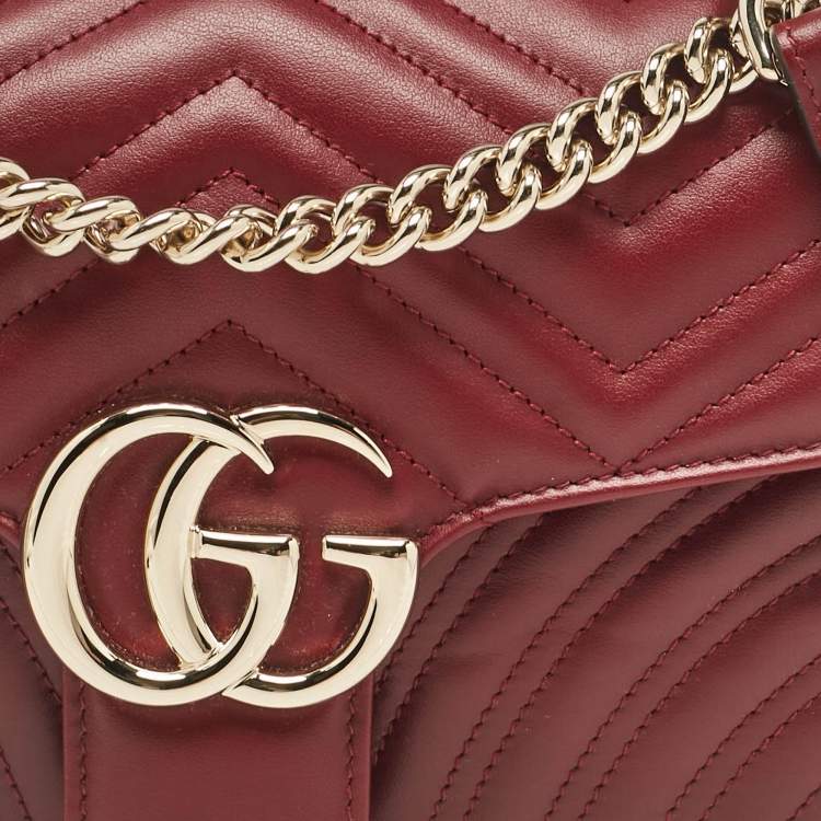 Pre Owned Gucci Burgundy Matelassé Leather Small GG Marmont Shoulder Bag