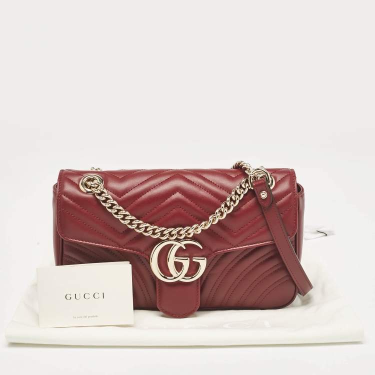 Pre Owned Gucci Burgundy Matelassé Leather Small GG Marmont Shoulder Bag