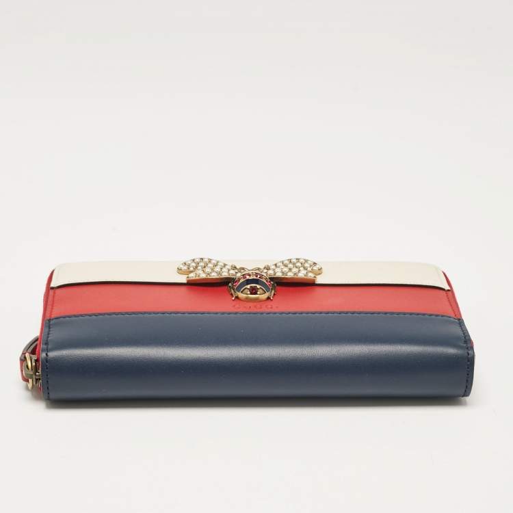 Pre Owned Gucci Tricolor Web Leather Queen Margaret Bee Continental Wallet