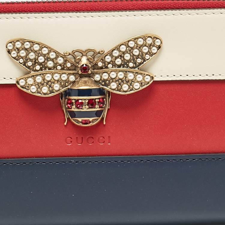 Pre Owned Gucci Tricolor Web Leather Queen Margaret Bee Continental Wallet