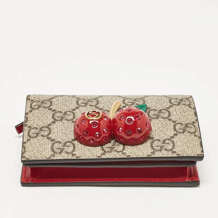 Pre Owned Gucci Red/Beige Signature Coated Canvas and Leather Cherry Flap Card Case