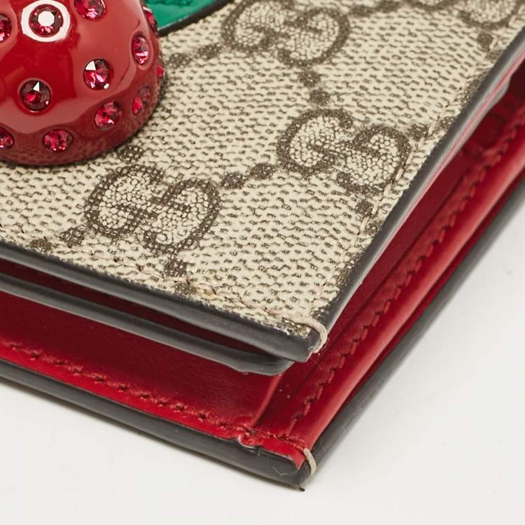 Pre Owned Gucci Red/Beige Signature Coated Canvas and Leather Cherry Flap Card Case