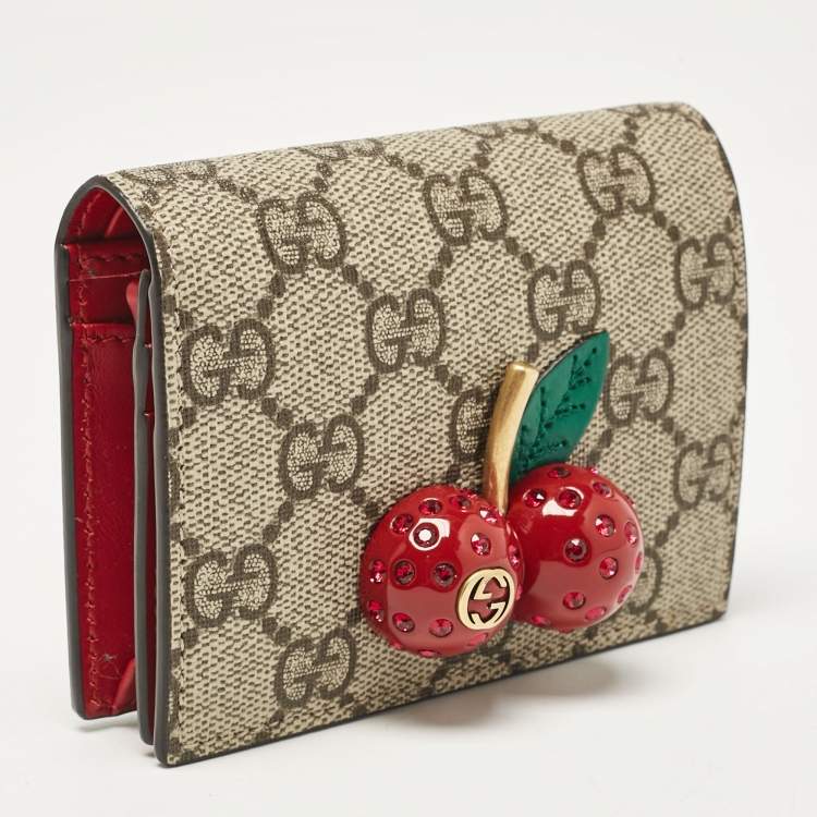 Pre Owned Gucci Red/Beige Signature Coated Canvas and Leather Cherry Flap Card Case