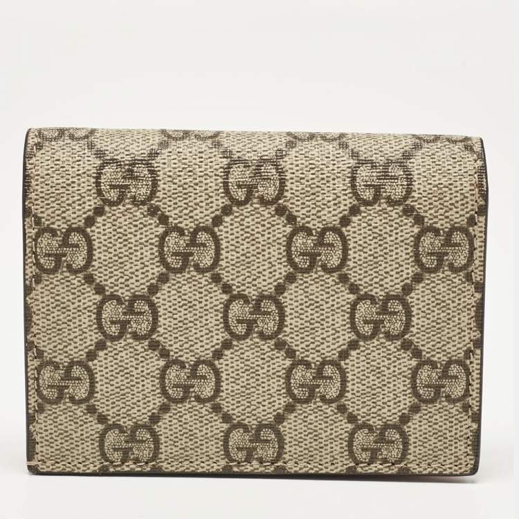 Pre Owned Gucci Red/Beige Signature Coated Canvas and Leather Cherry Flap Card Case