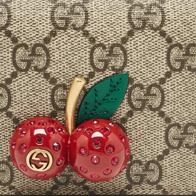 Pre Owned Gucci Red/Beige Signature Coated Canvas and Leather Cherry Flap Card Case