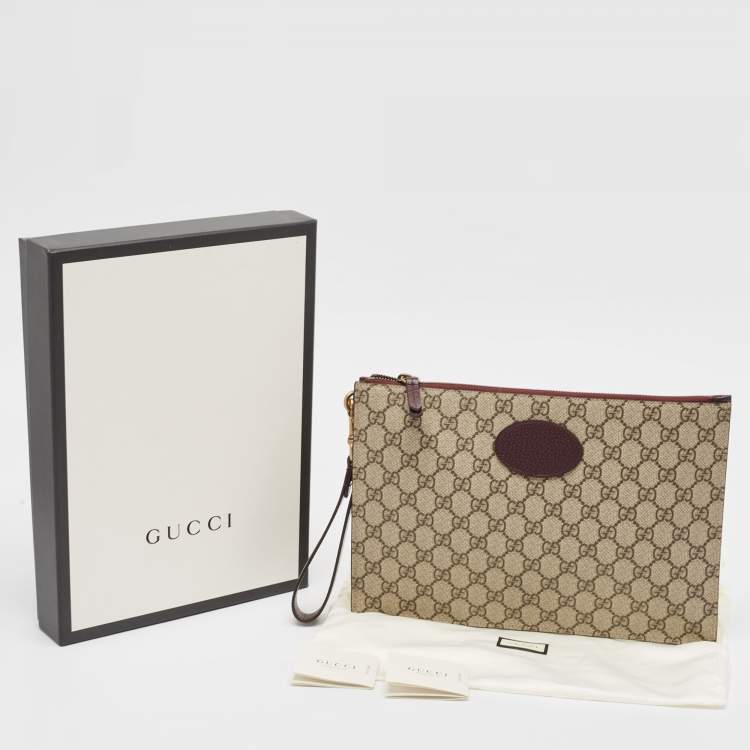 Pre Owned Gucci Beige/Burgundy GG Supreme Coated Canvas and Leather Wristlet Pouch