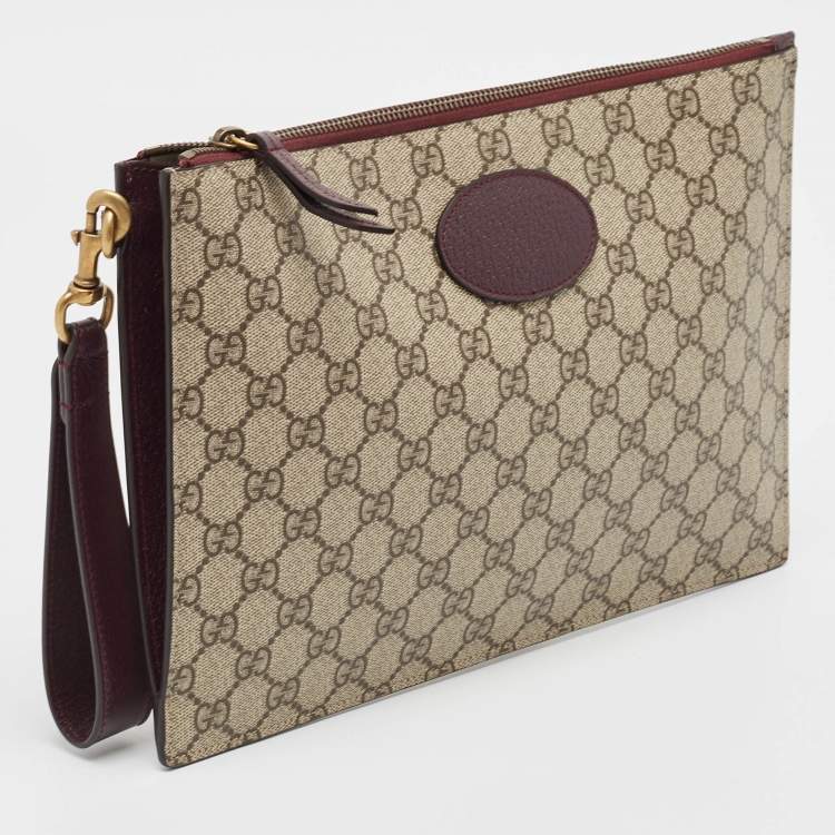 Pre Owned Gucci Beige/Burgundy GG Supreme Coated Canvas and Leather Wristlet Pouch