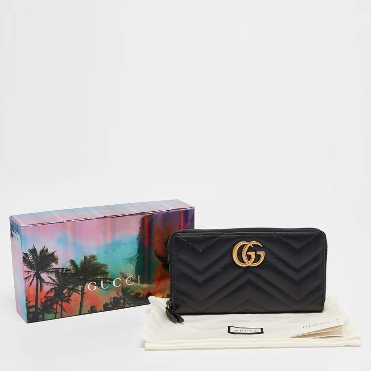 Pre Owned Gucci Black Matelassé Leather GG Marmont Zip Around Wallet