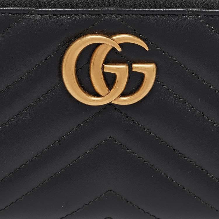 Pre Owned Gucci Black Matelassé Leather GG Marmont Zip Around Wallet
